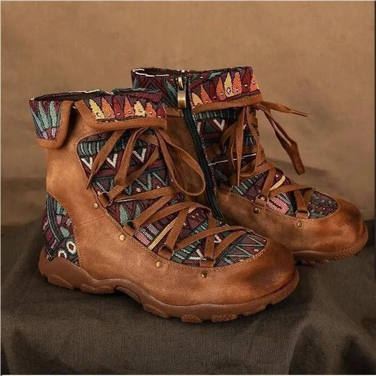 Colorblock Retro Casual Non-Slip Women's Shoes Side Zipper Hiking Boots Fashionable Off-Road Boots Ethnic Style