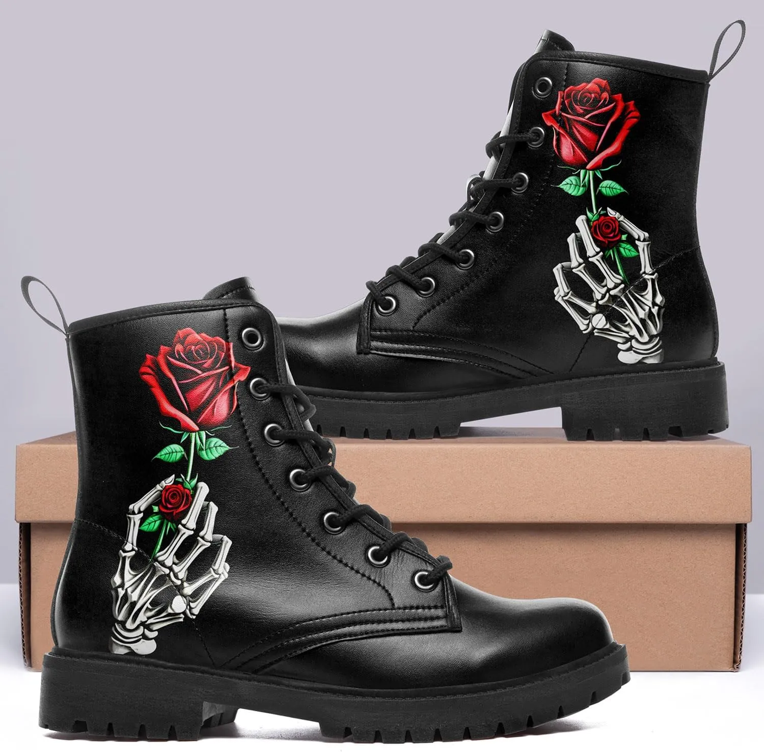 Combat Boots for Men Womens Fashion Lace-Up Skull Rose Ankle Booties Chunky Heel Platform Leather Work Boots