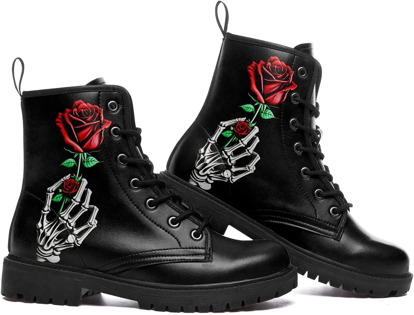 Combat Boots for Men Womens Fashion Lace-Up Skull Rose Ankle Booties Chunky Heel Platform Leather Work Boots