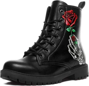 Combat Boots for Men Womens Fashion Lace-Up Skull Rose Ankle Booties Chunky Heel Platform Leather Work Boots