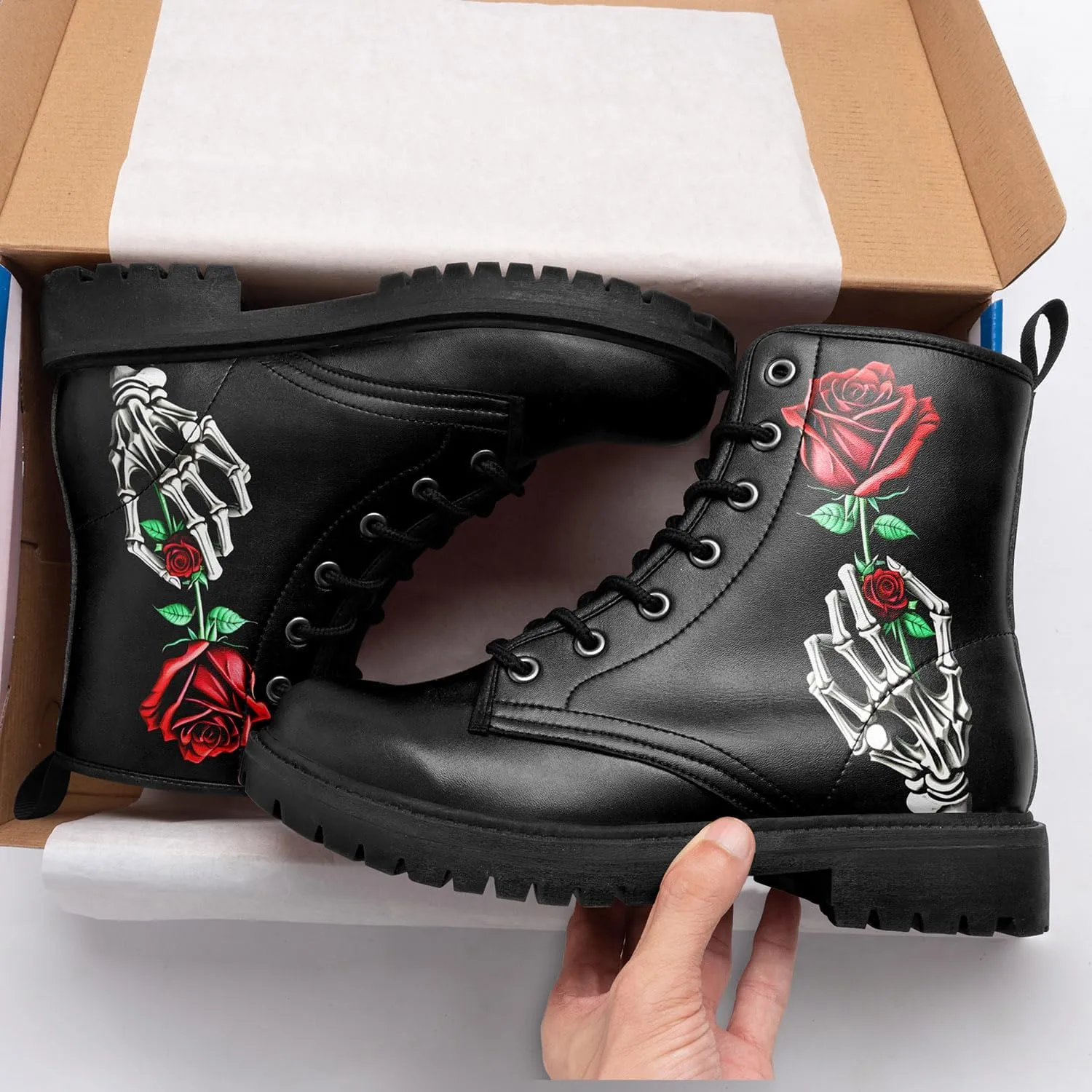 Combat Boots for Men Womens Fashion Lace-Up Skull Rose Ankle Booties Chunky Heel Platform Leather Work Boots