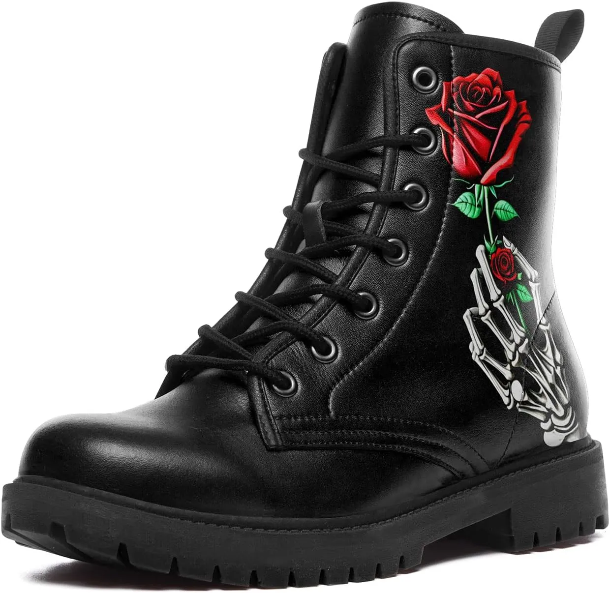 Combat Boots for Men Womens Fashion Lace-Up Skull Rose Ankle Booties Chunky Heel Platform Leather Work Boots