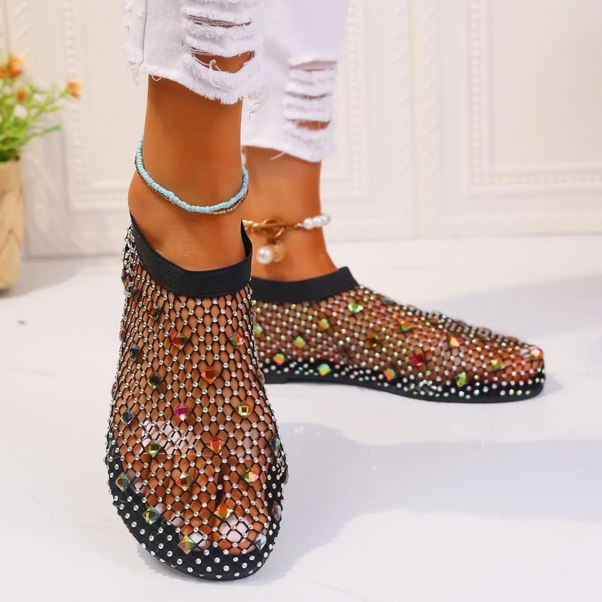 Comfortable Shiny Gem Mesh Flats,Ballet Flats for Women Sandals Women Dressy Summer Flat Shoes Slip On Sandals,Sexy Flat Cutout Sparkly Casual Wedding Dress Flats,Rhinestone Short Boots