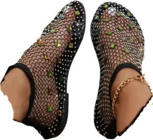 Comfortable Shiny Gem Mesh Flats,Ballet Flats for Women Sandals Women Dressy Summer Flat Shoes Slip On Sandals,Sexy Flat Cutout Sparkly Casual Wedding Dress Flats,Rhinestone Short Boots