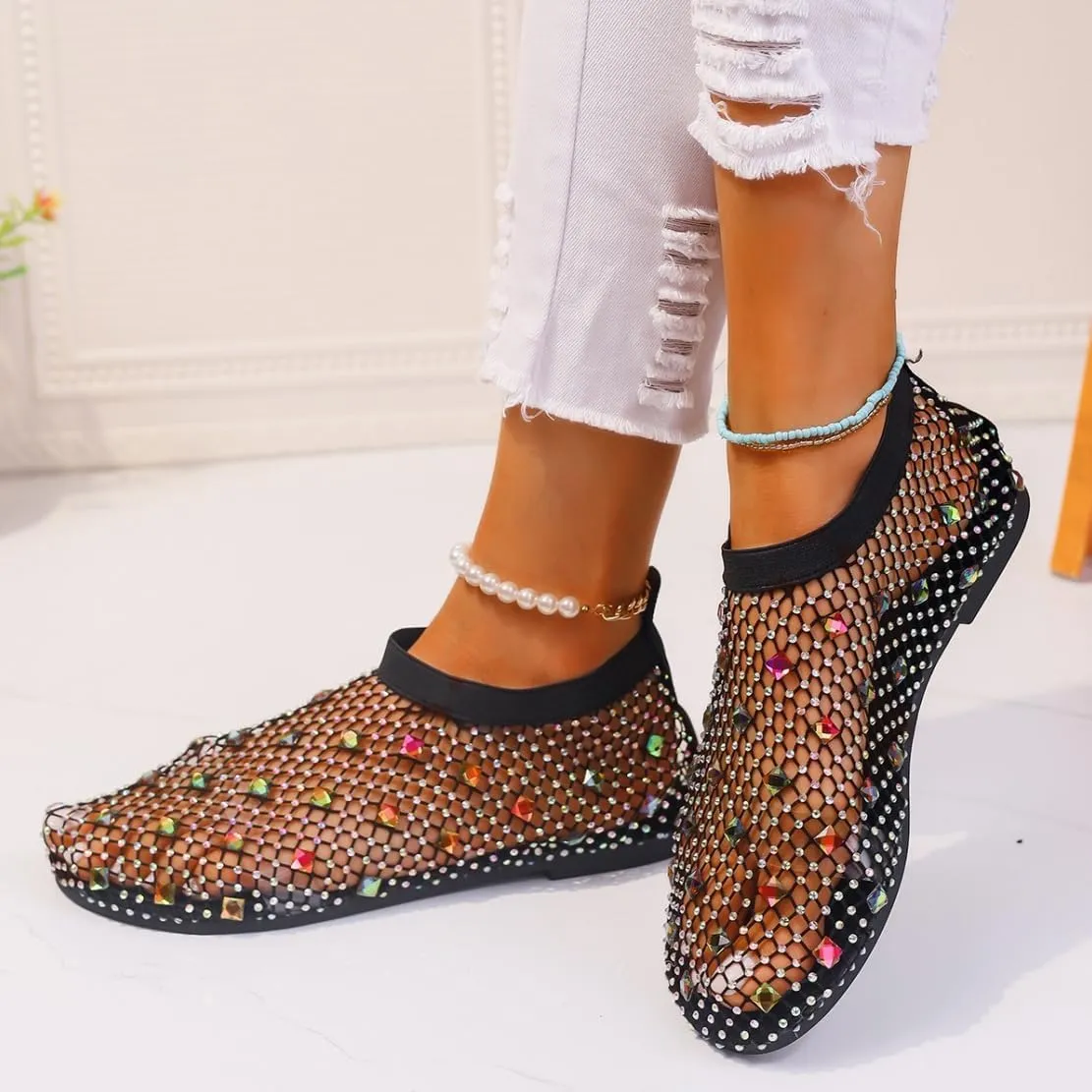 Comfortable Shiny Gem Mesh Flats,Ballet Flats for Women Sandals Women Dressy Summer Flat Shoes Slip On Sandals,Sexy Flat Cutout Sparkly Casual Wedding Dress Flats,Rhinestone Short Boots