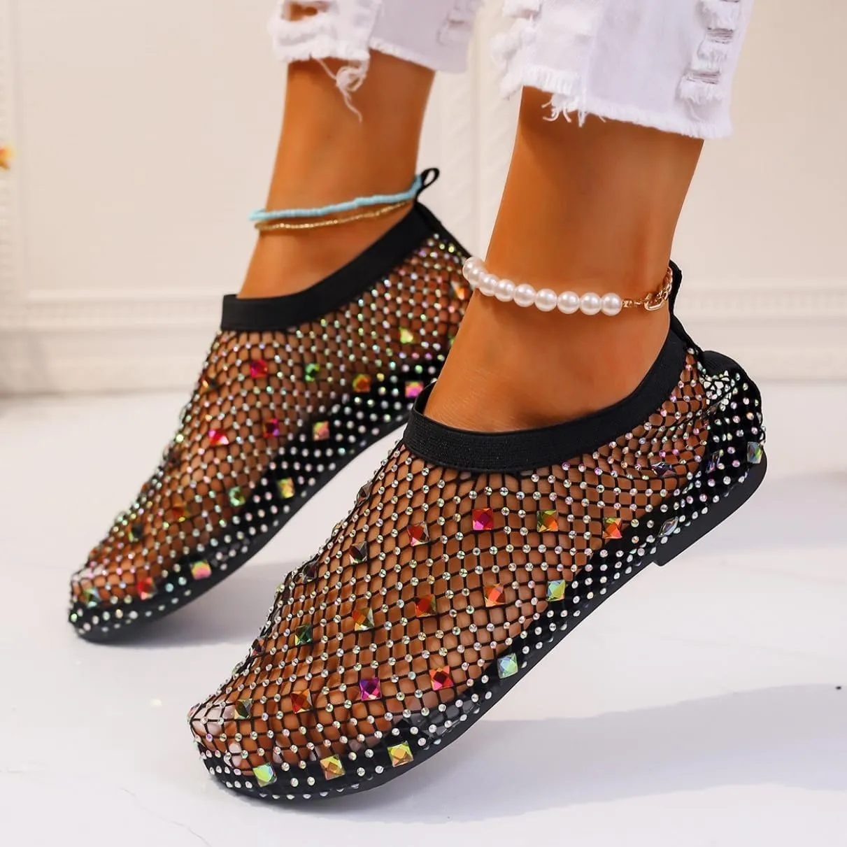 Comfortable Shiny Gem Mesh Flats,Ballet Flats for Women Sandals Women Dressy Summer Flat Shoes Slip On Sandals,Sexy Flat Cutout Sparkly Casual Wedding Dress Flats,Rhinestone Short Boots