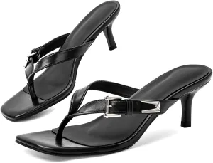 CouieCuies Women Kitten Heels Sandals Square Open Toe Flip Flop Heels Black thong Low heels Widths Adjustable