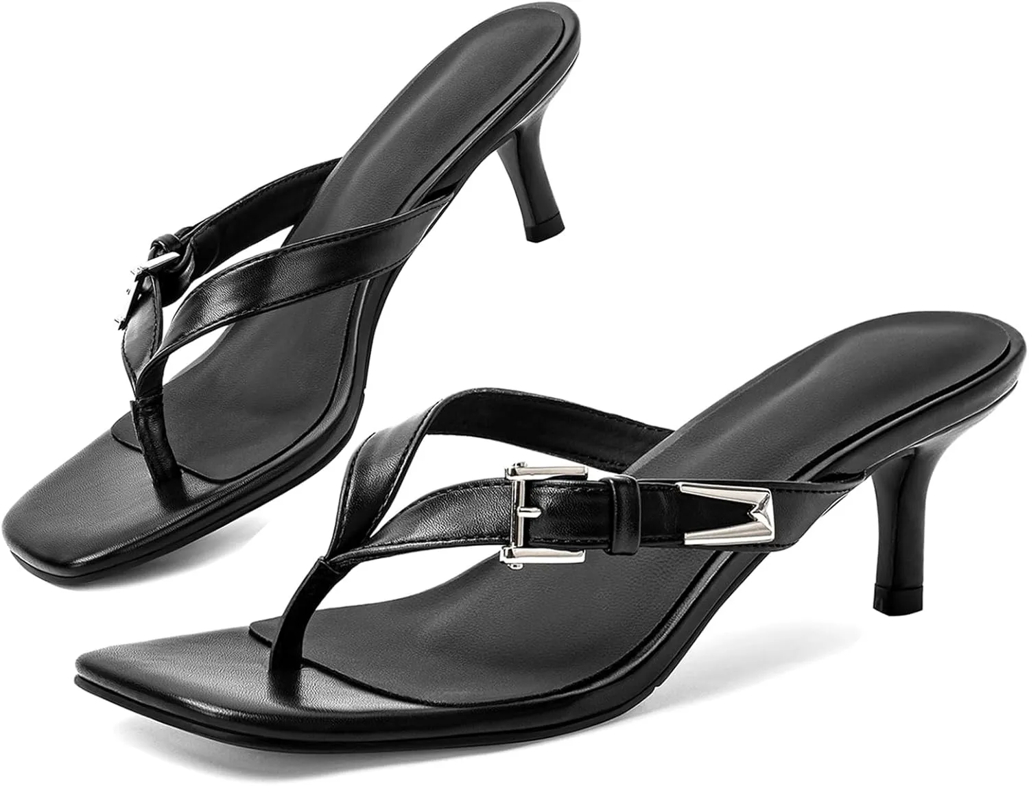 CouieCuies Women Kitten Heels Sandals Square Open Toe Flip Flop Heels Black thong Low heels Widths Adjustable