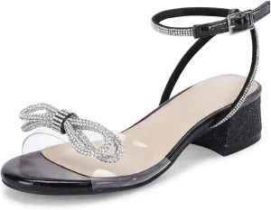 Coutgo Girls Rhinestone Sandals Low Chunky Heels Bow Open Toe Glitter Dress Shoes for Toddler Little Big Kid
