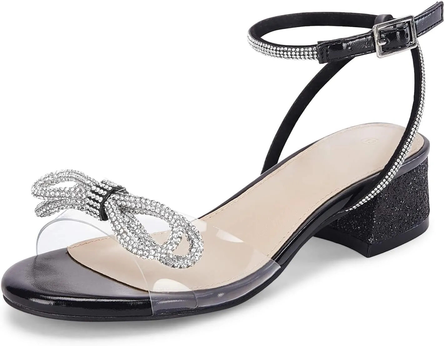 Coutgo Girls Rhinestone Sandals Low Chunky Heels Bow Open Toe Glitter Dress Shoes for Toddler Little Big Kid
