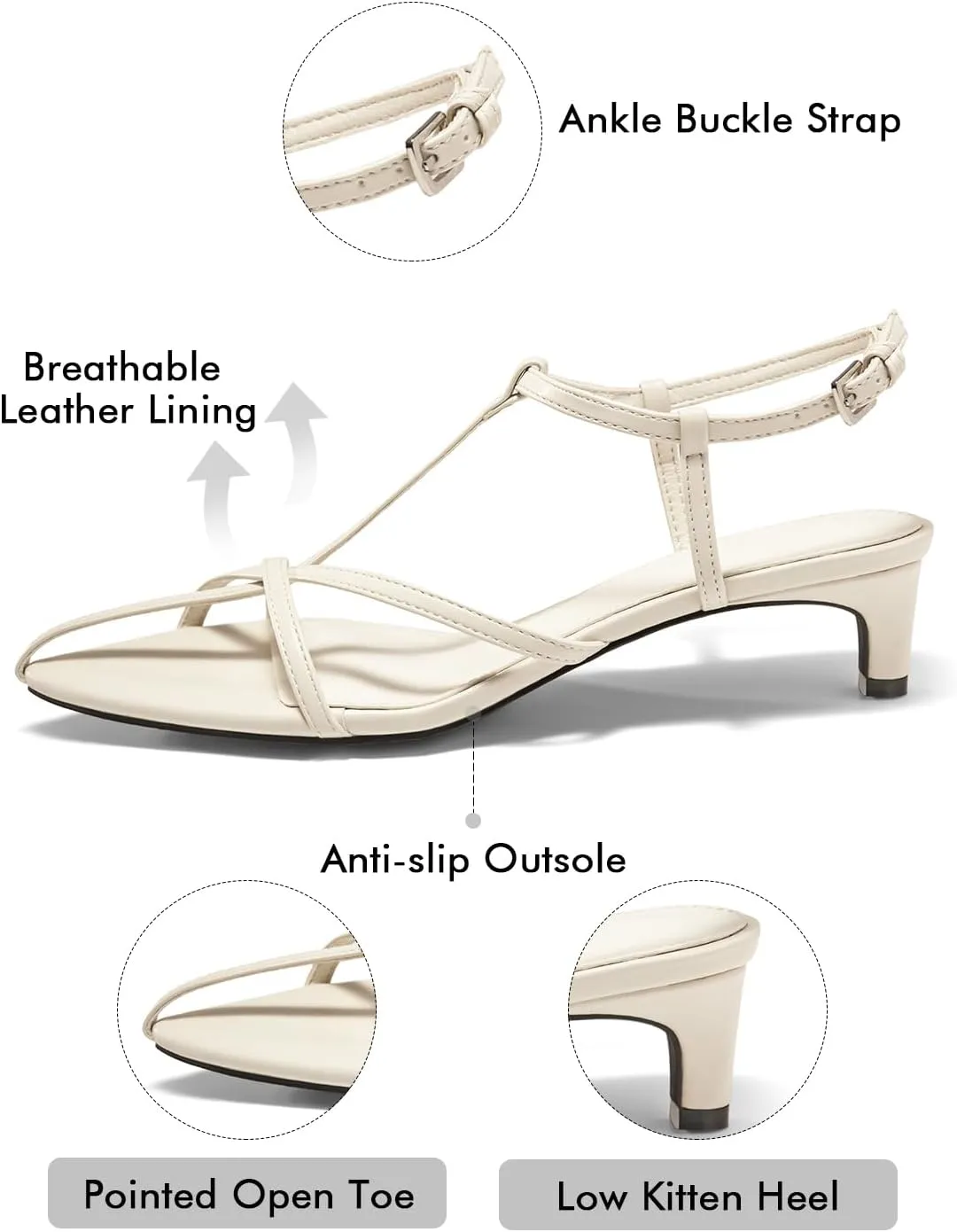 Coutgo Womens Dress Sandals Strappy Low Kitten Heels Pointed Open Toe Summer Beach Shoes