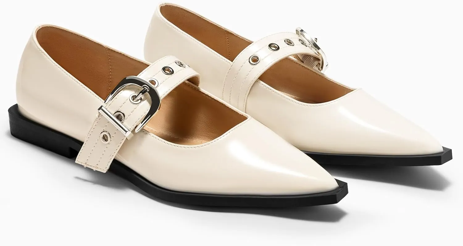 Coutgo Womens Mary Jane Flats Closed Pointed Toe Ballet Flat Studded Metal Adjustable Buckle Dress Shoes