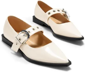 Coutgo Womens Mary Jane Flats Closed Pointed Toe Ballet Flat Studded Metal Adjustable Buckle Dress Shoes
