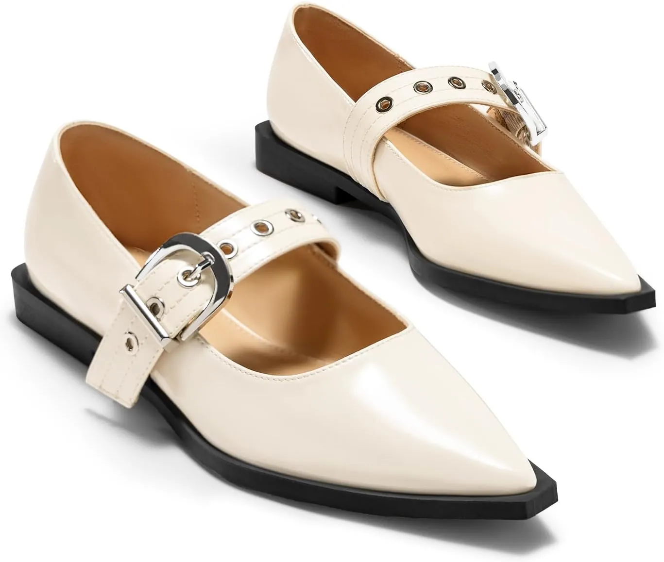 Coutgo Womens Mary Jane Flats Closed Pointed Toe Ballet Flat Studded Metal Adjustable Buckle Dress Shoes