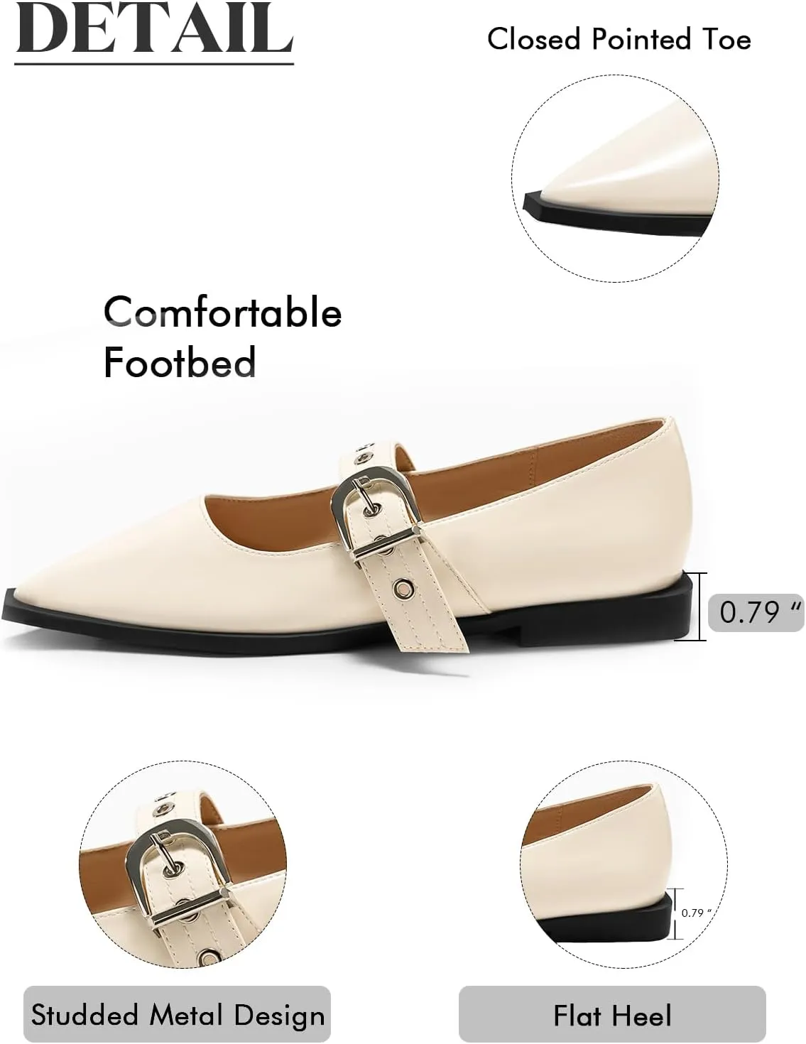 Coutgo Womens Mary Jane Flats Closed Pointed Toe Ballet Flat Studded Metal Adjustable Buckle Dress Shoes