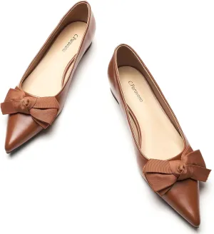 C.Paravano Pointy Bow Flats Women's Flats Ballet Shoes for Women（Brown,Size 7.5