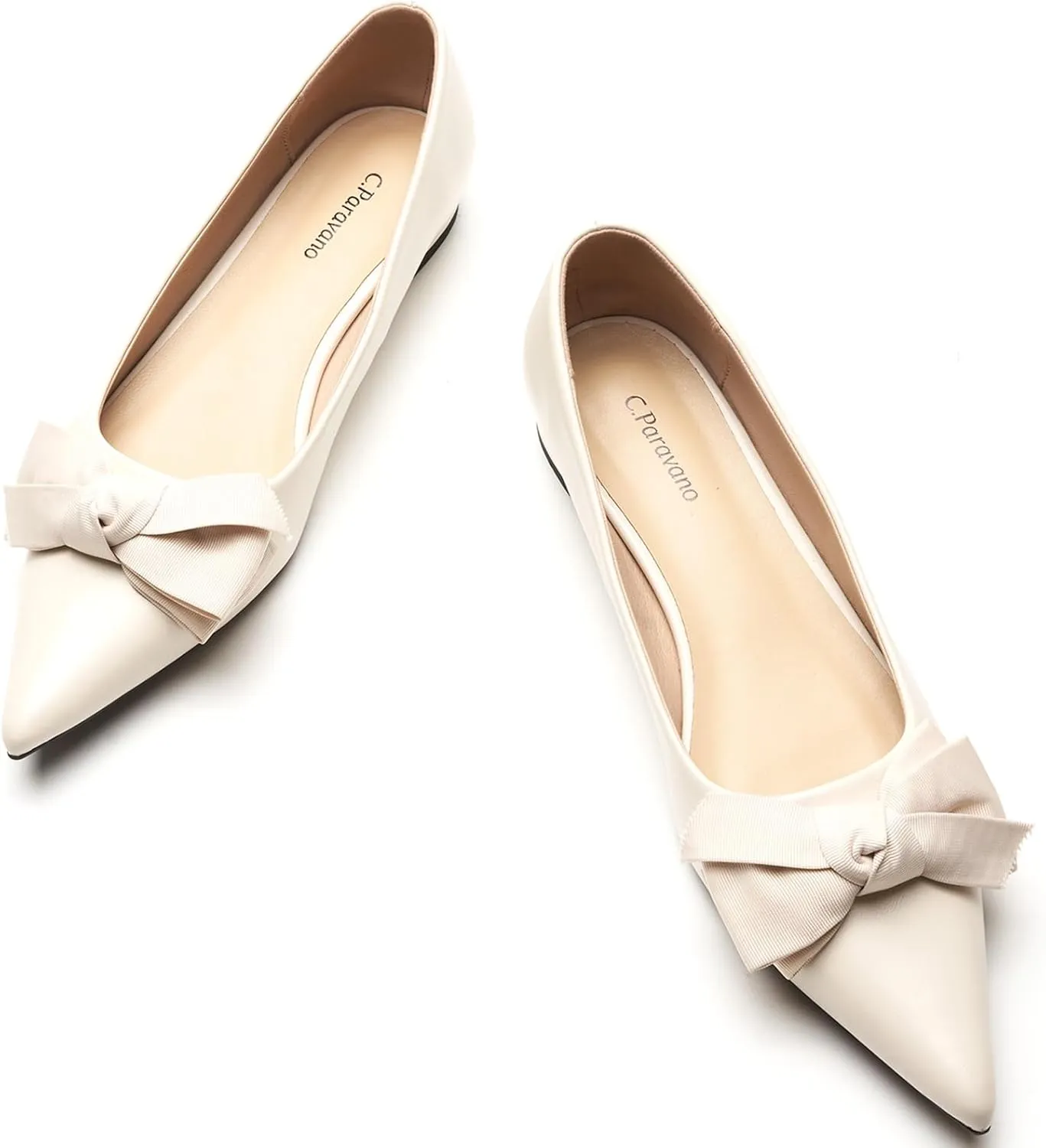 C.Paravano Pointy Bow Flats Women's Flats Ballet Shoes for Women（White,Size 10.5