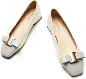 C.Paravano Women's Ballet Flats Bowknot Square Toe Low Block Heel Soft Leather Shoes for Office, Casual and Dressy Occasions,Two-Tone Flats for Women(White&Grey,9)