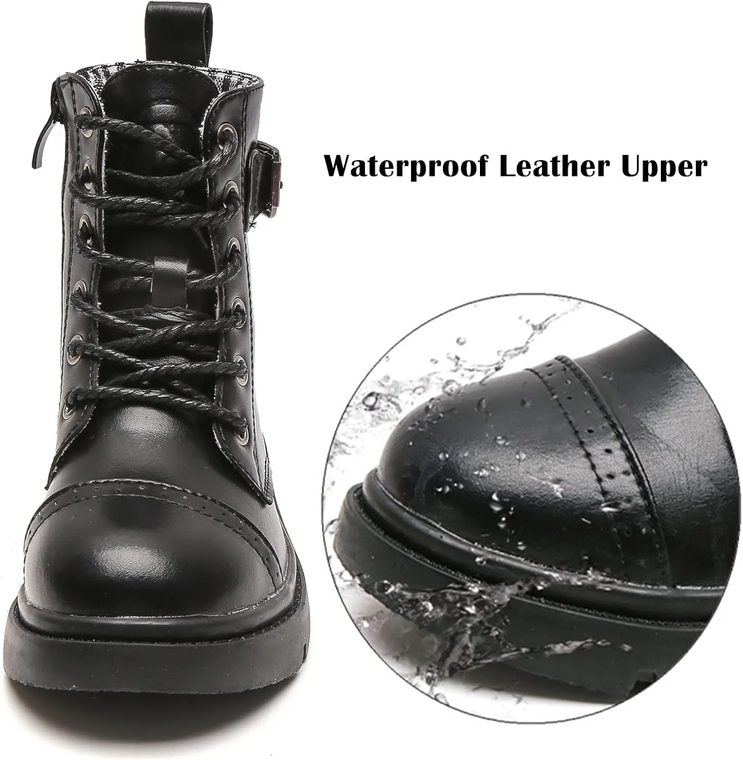 DADAWEN Boys Girls Glitter Ankle Boots Lace Up Waterproof Combat Boot With Side Zipper (Toddler/Little Kid/Big Kid)