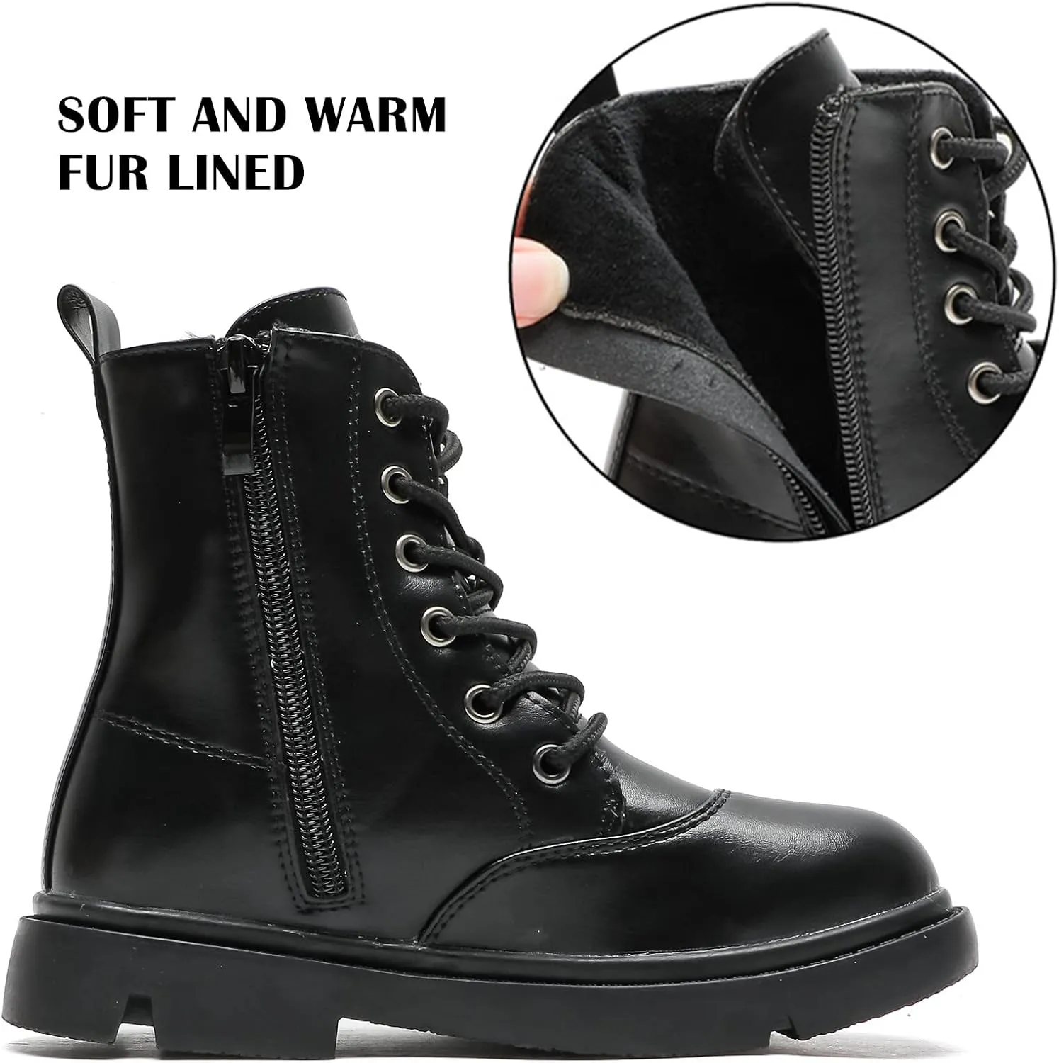 DADAWEN Boys Girls Waterproof Lace Up Glitter Mid Calf Combat Boots With Side Zipper for Toddler/Little Kid/Big Kid