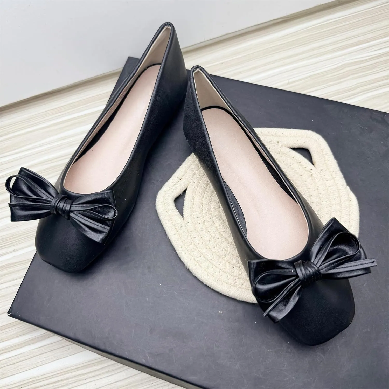 Dear Time Women's Bow Ballet Flats Square Toe Soft Cushion Flat Shoes Leather Dress Shoes