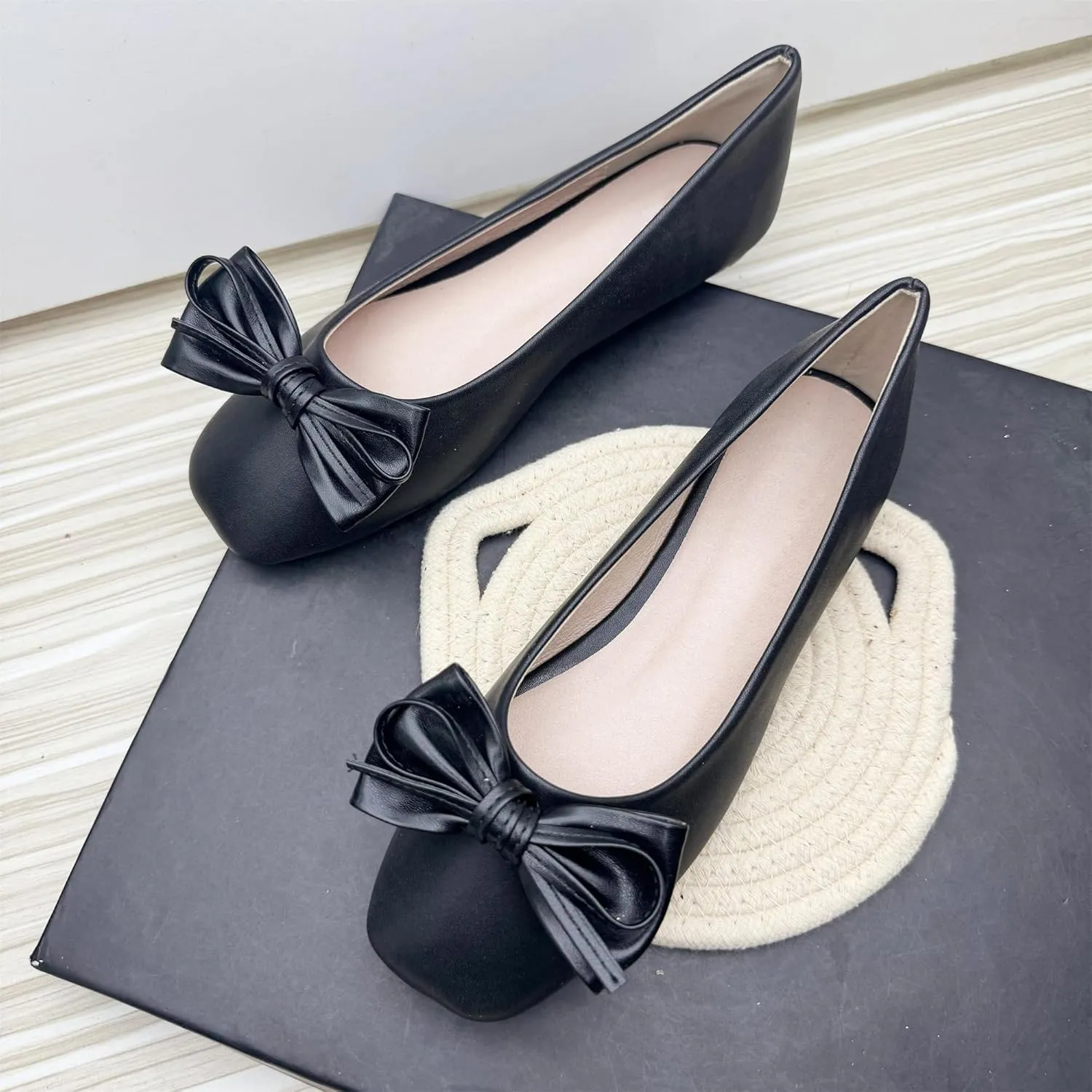 Dear Time Women's Bow Ballet Flats Square Toe Soft Cushion Flat Shoes Leather Dress Shoes
