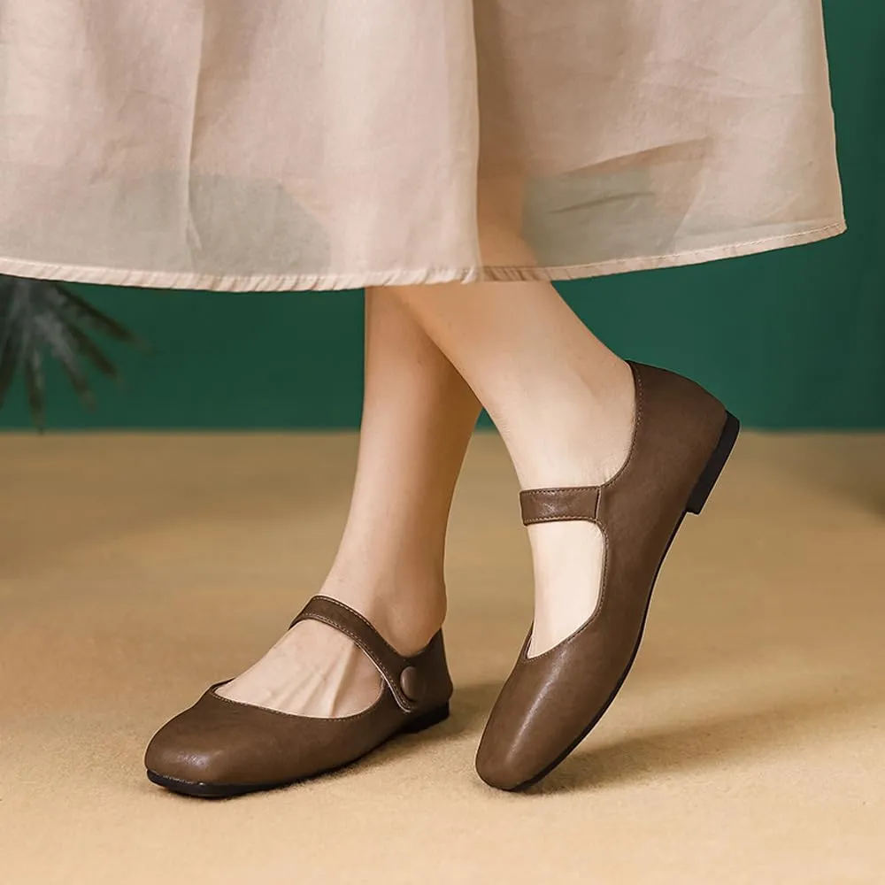 Dear Time Women's Square Toe Ballet Mary Jane Dress Flats Shoes Comfortable Black Brown Vintage Ballet Shoes for Women