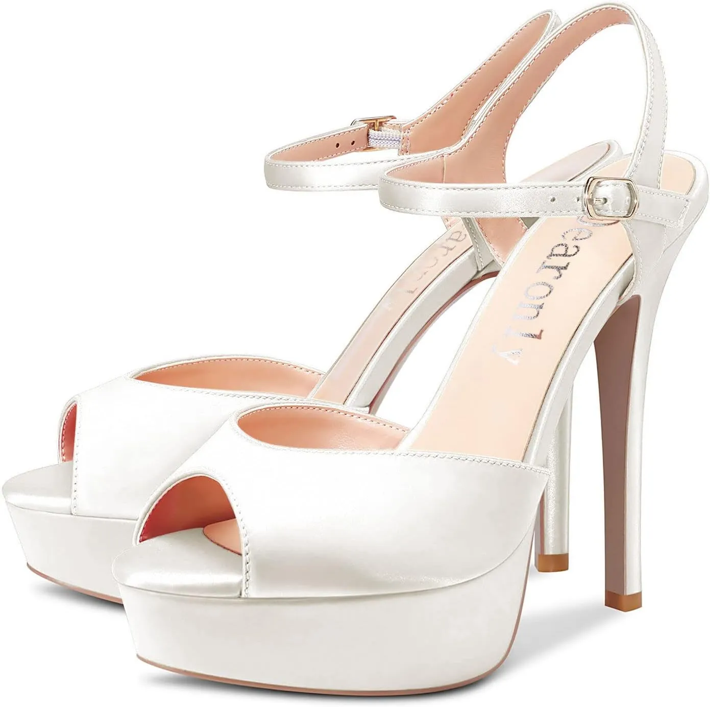 DearOnly Women Stiletto High Heel Platform Peep Open Toe Ankle Strap Sandals Sexy Wedding Dress 5.1 Inches Heels Pumps