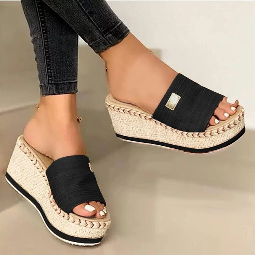 Dheva-C Platform Sandals Women Fashion Sandals Wedges Sandals Platform Casual Summer High Heels Open Toe Espadrilles Sandals Slip on Shoes Women (1-Black, 8.5)