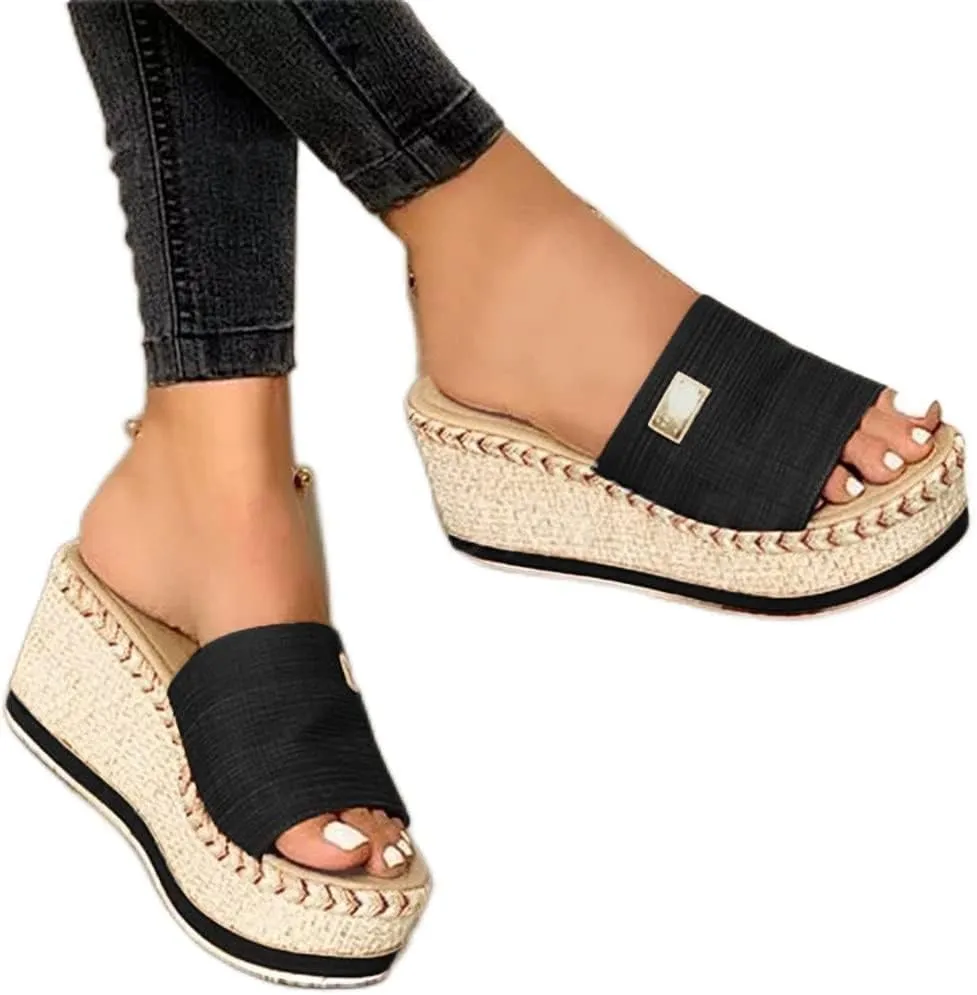 Dheva-C Platform Sandals Women Fashion Sandals Wedges Sandals Platform Casual Summer High Heels Open Toe Espadrilles Sandals Slip on Shoes Women (1-Black, 8.5)