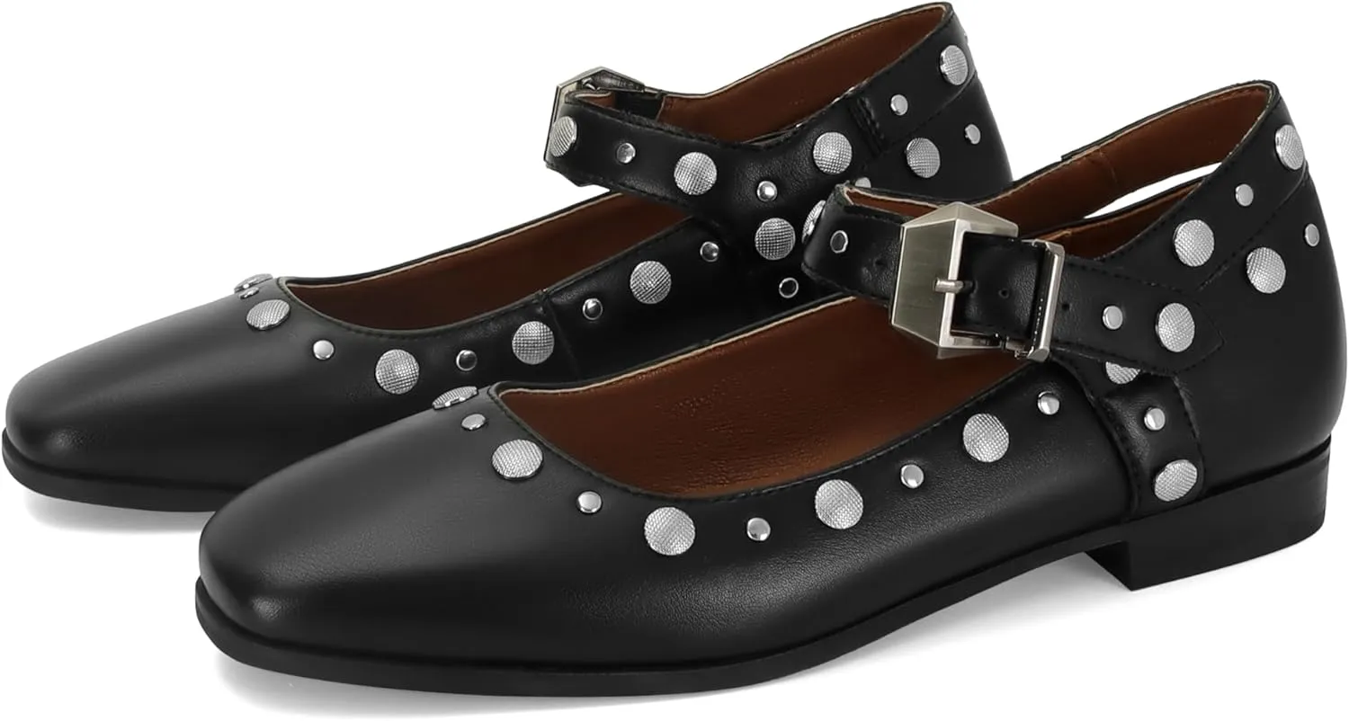 DOEYG Studded Mary Janes Ballet Flats Shoes for Women Square Toe Mary Jane Shoes Dressy Casual Ballerina Shoes with Buckle Strap