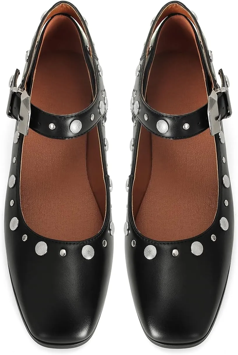 DOEYG Studded Mary Janes Ballet Flats Shoes for Women Square Toe Mary Jane Shoes Dressy Casual Ballerina Shoes with Buckle Strap