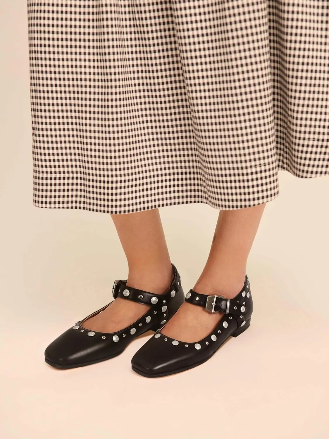 DOEYG Studded Mary Janes Ballet Flats Shoes for Women Square Toe Mary Jane Shoes Dressy Casual Ballerina Shoes with Buckle Strap