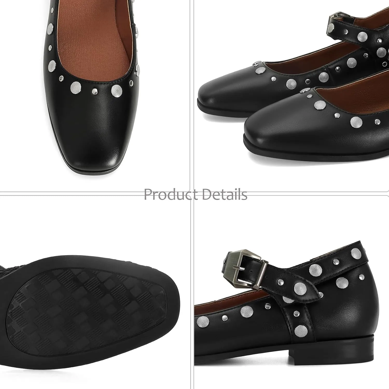 DOEYG Studded Mary Janes Ballet Flats Shoes for Women Square Toe Mary Jane Shoes Dressy Casual Ballerina Shoes with Buckle Strap