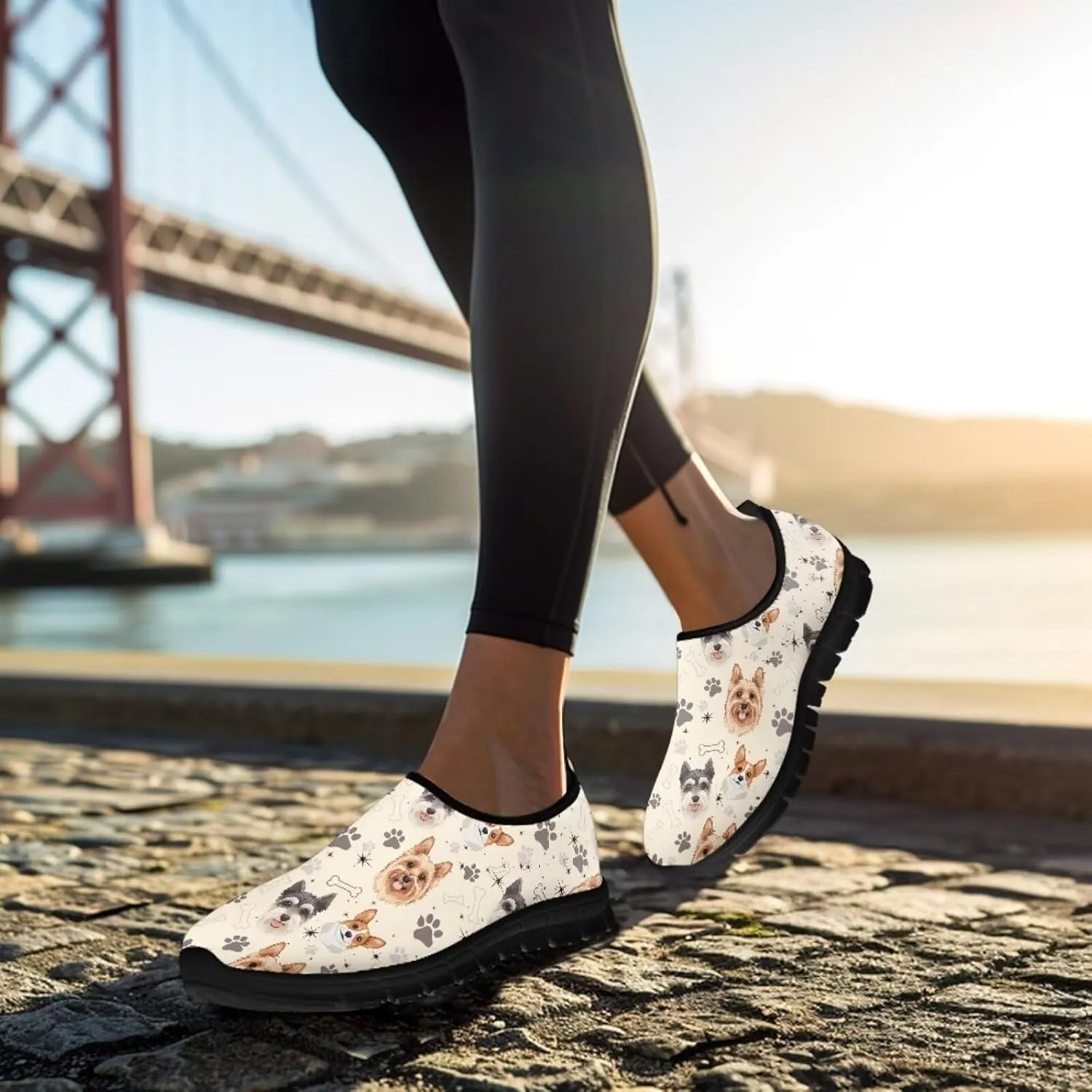 Dog Paw Print Casual Shoes for Women Slip On Low Top Flat Sneakers Breathable Mesh Footwear for Walking