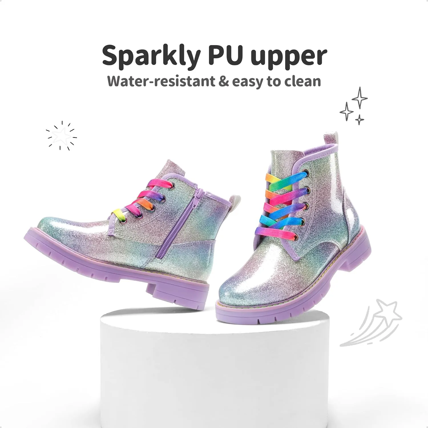 DREAM PAIRS Girls Boys Glitter Ankle Boots Side Zipper Combat Shoes with Lace Up for Toddler/Little Kid/Big Kid