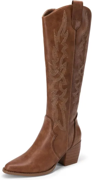 DREAM PAIRS Womens Cowboy Boots Wide Calf Comfortable Pull On Zipper Chunky Heel Pointed Toe Embroidered Western Cowgirl Knee High Boots Girls Ladies Retro Tall Boot