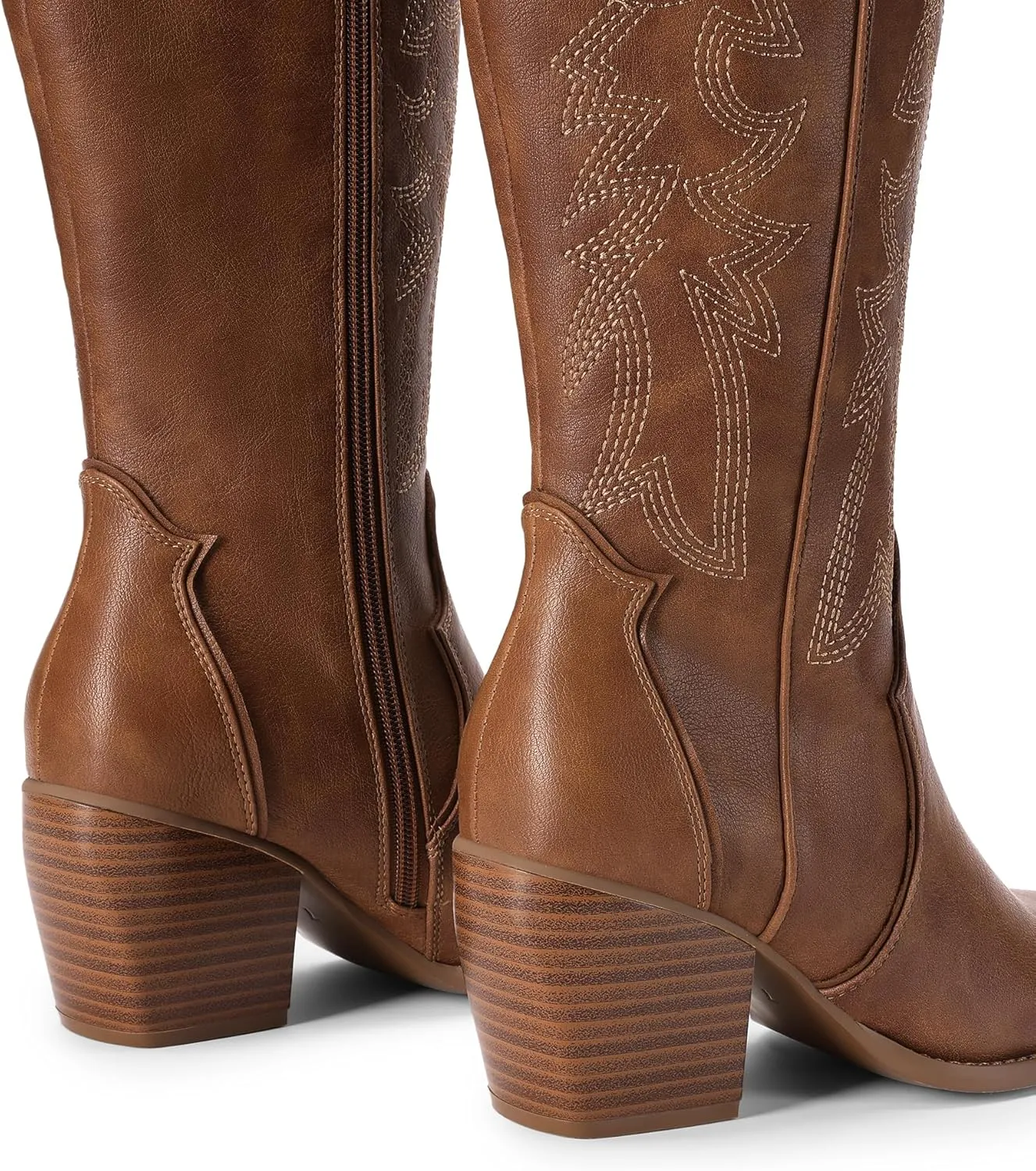 DREAM PAIRS Womens Cowboy Boots Wide Calf Comfortable Pull On Zipper Chunky Heel Pointed Toe Embroidered Western Cowgirl Knee High Boots Girls Ladies Retro Tall Boot