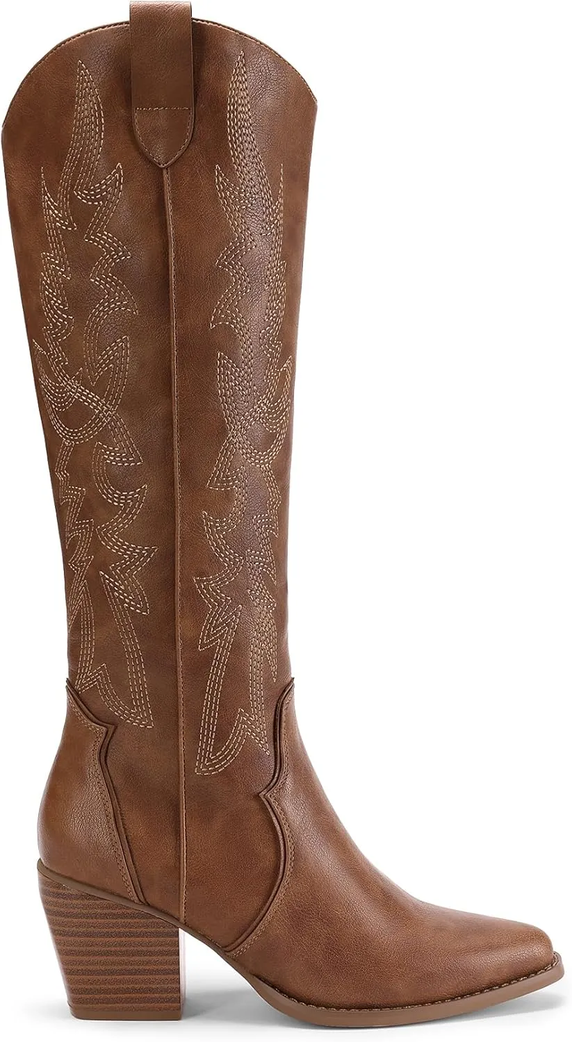 DREAM PAIRS Womens Cowboy Boots Wide Calf Comfortable Pull On Zipper Chunky Heel Pointed Toe Embroidered Western Cowgirl Knee High Boots Girls Ladies Retro Tall Boot