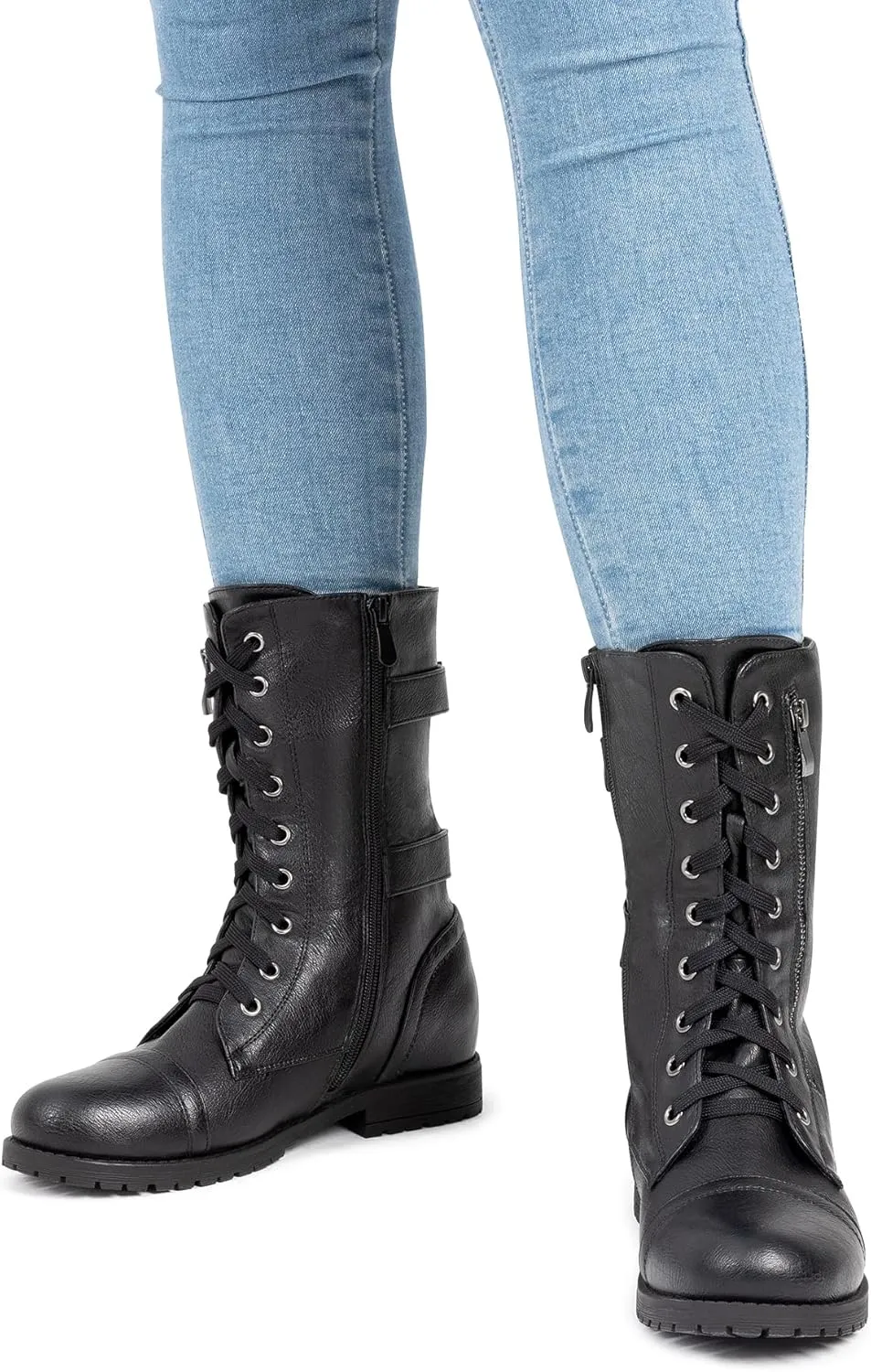 DREAM PAIRS Women's Mid Calf Built-in Wallet Pocket Lace up Military Combat Boots