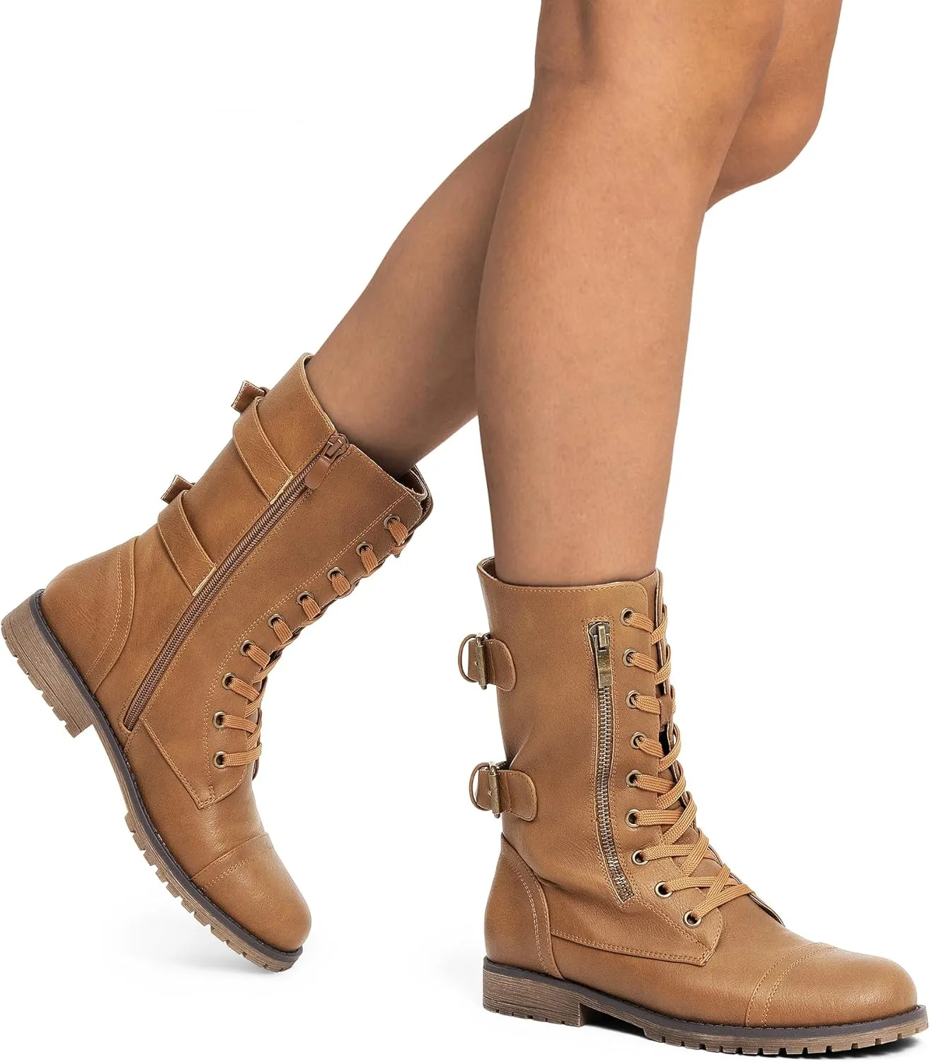 DREAM PAIRS Women's Mid Calf Built-in Wallet Pocket Lace up Military Combat Boots