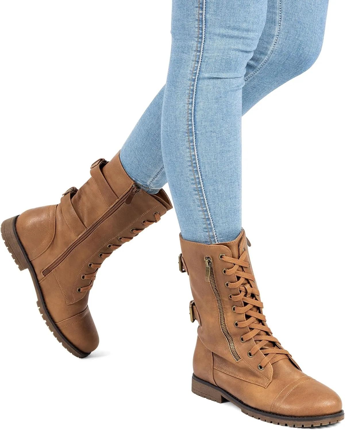 DREAM PAIRS Women's Mid Calf Built-in Wallet Pocket Lace up Military Combat Boots