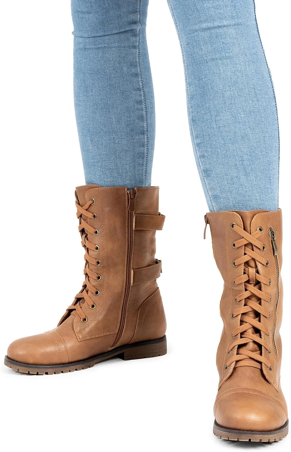 DREAM PAIRS Women's Mid Calf Built-in Wallet Pocket Lace up Military Combat Boots