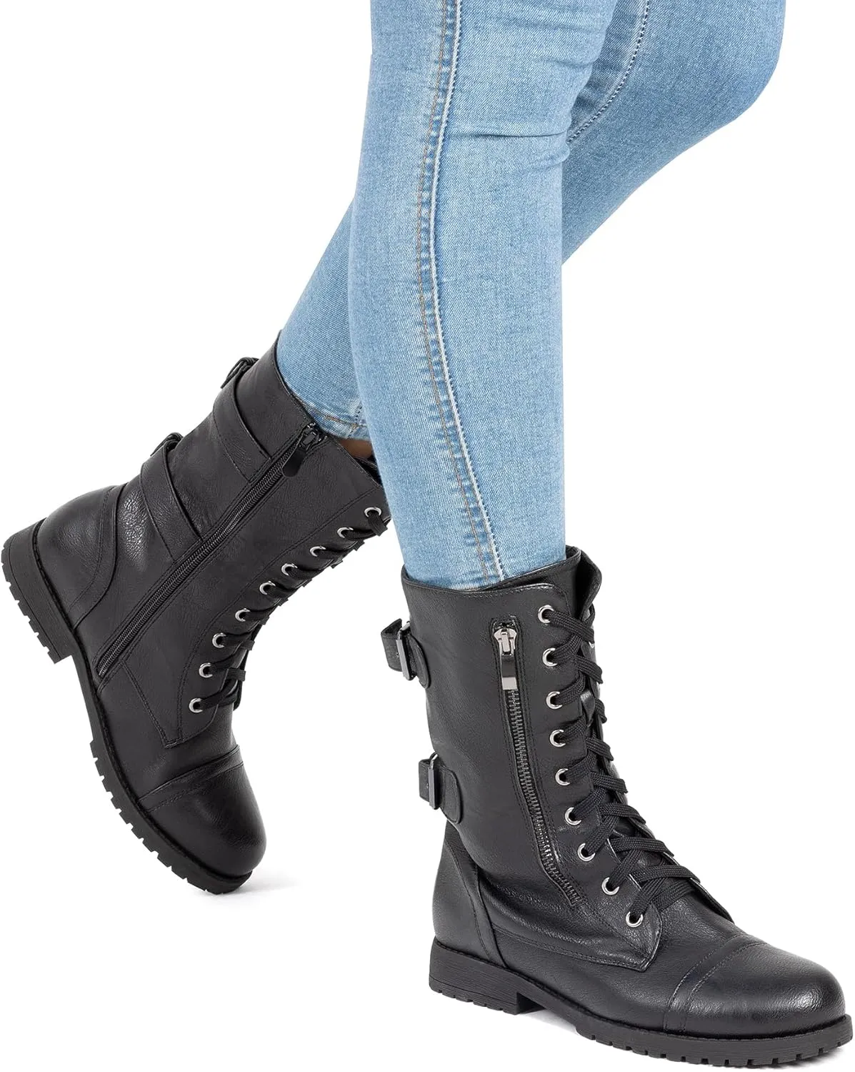 DREAM PAIRS Women's Mid Calf Built-in Wallet Pocket Lace up Military Combat Boots