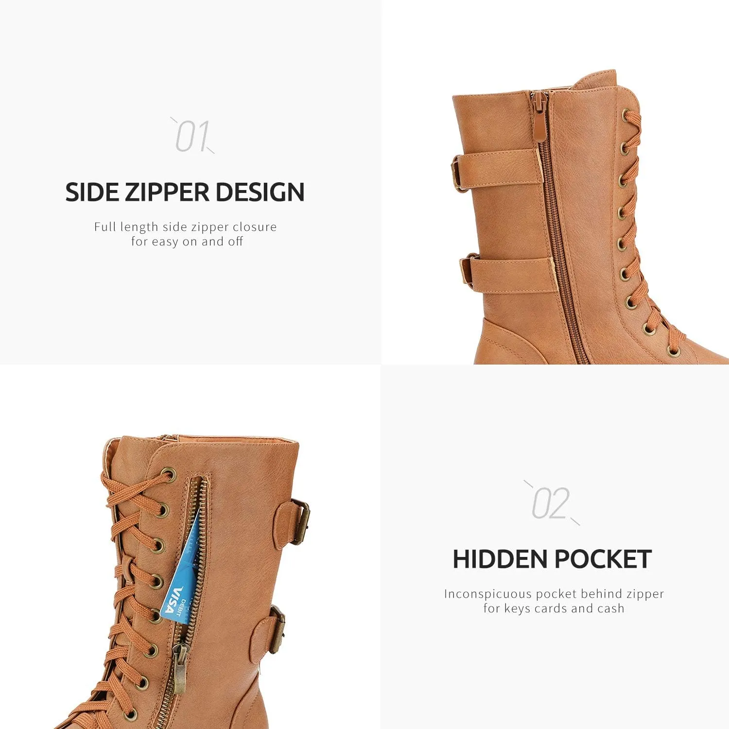 DREAM PAIRS Women's Mid Calf Built-in Wallet Pocket Lace up Military Combat Boots