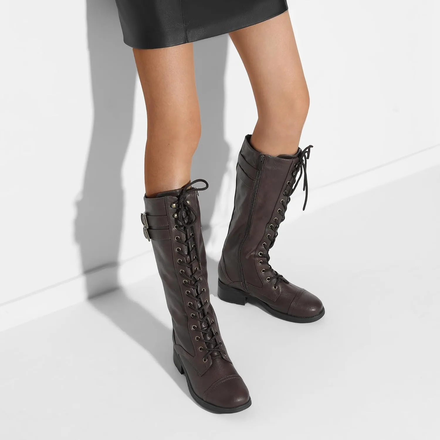 DREAM PAIRS Women's Pu Knee High Riding Combat Boots