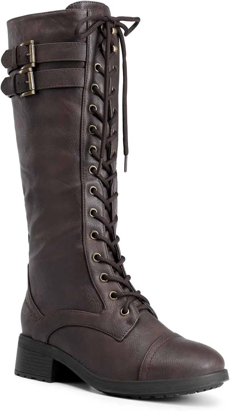 DREAM PAIRS Women's Pu Knee High Riding Combat Boots