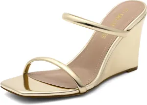 DREAM PAIRS Women's Slides Wedge Sandals Two Strap Square Open Toe Dress Shoes