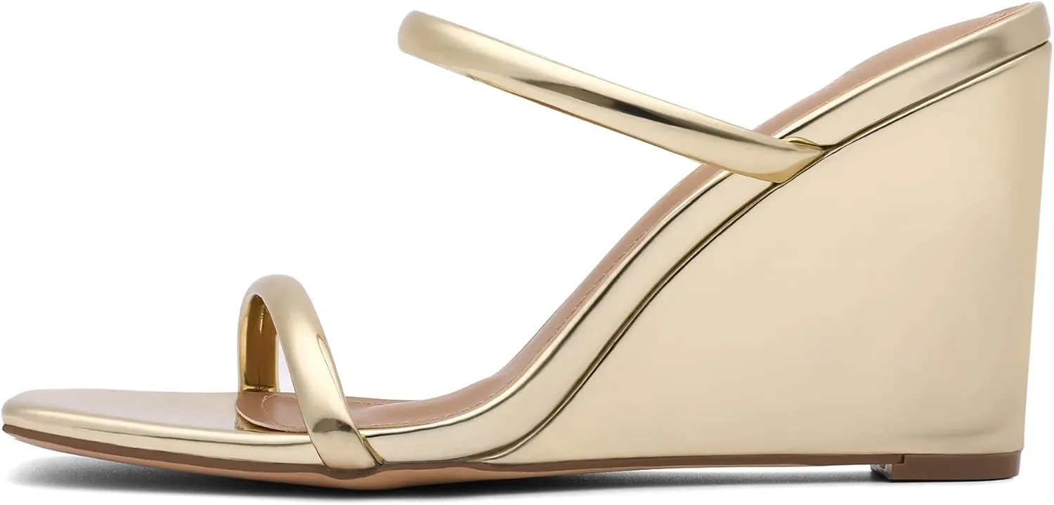 DREAM PAIRS Women's Slides Wedge Sandals Two Strap Square Open Toe Dress Shoes