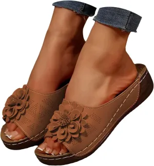 Dress Sandals for Women 2025 Comfortable Flower Sandals for Women Orthopedic Summer Beach Platform Leather Wedge Arch Support